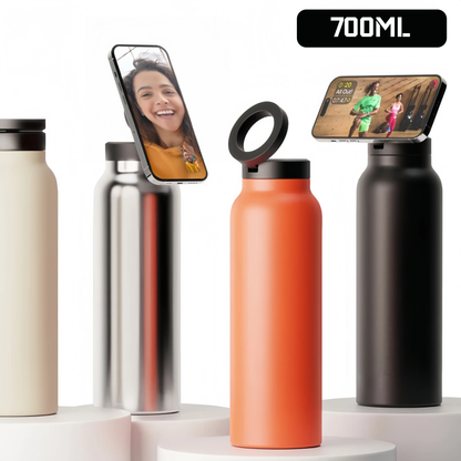 Termos Stalowy z Ukrytą Słomką i Magnetycznym Uchwytem na Telefon – Bidon Sportowy z Izolacją próżniową 700ml